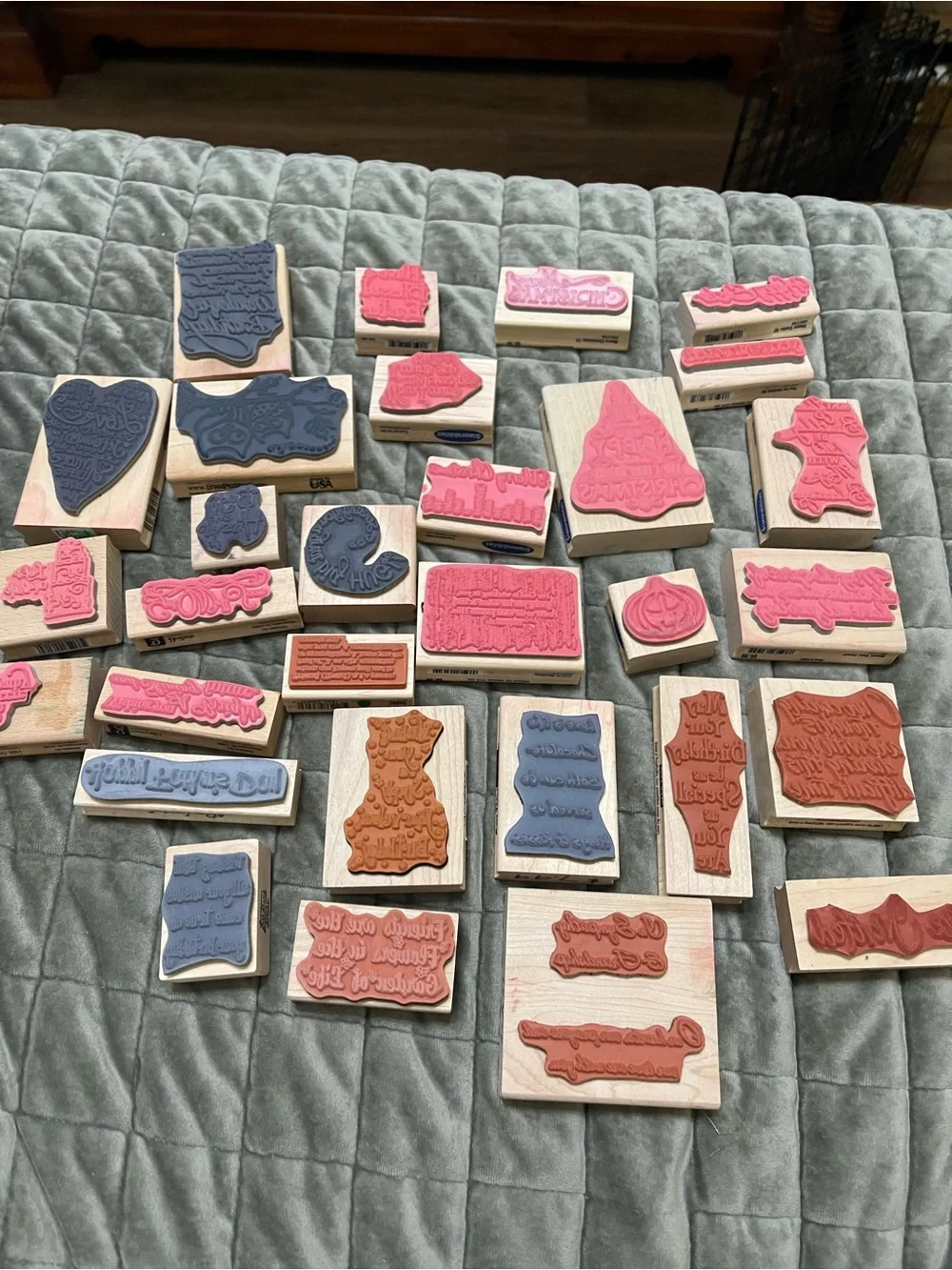 Lot Of 30 Wood Mount Rubber Stamps stamping holidays birthdays quotes